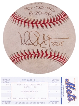 1998 Mark McGwire Signed, Inscribed & Game Used ONL Coleman Baseball - Home Run #50 From Third Consecutive 50 Home Run Season With Ticket Stub (JSA & Player Authenticated)